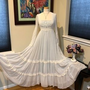Vtg 70s Gunne Sax Elegant Victorian Maxi Prairie Dress Pale Blue - Vtg 11, S-M